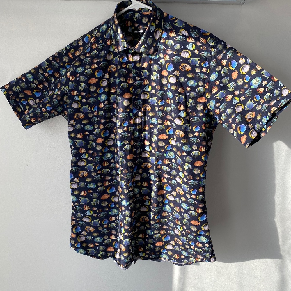 Men’s Medium Jared Lang Short Sleeve Collared Button Front Fish Print Shirt